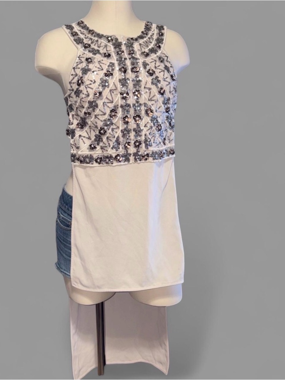bebe White Beaded High-Low Tank Top